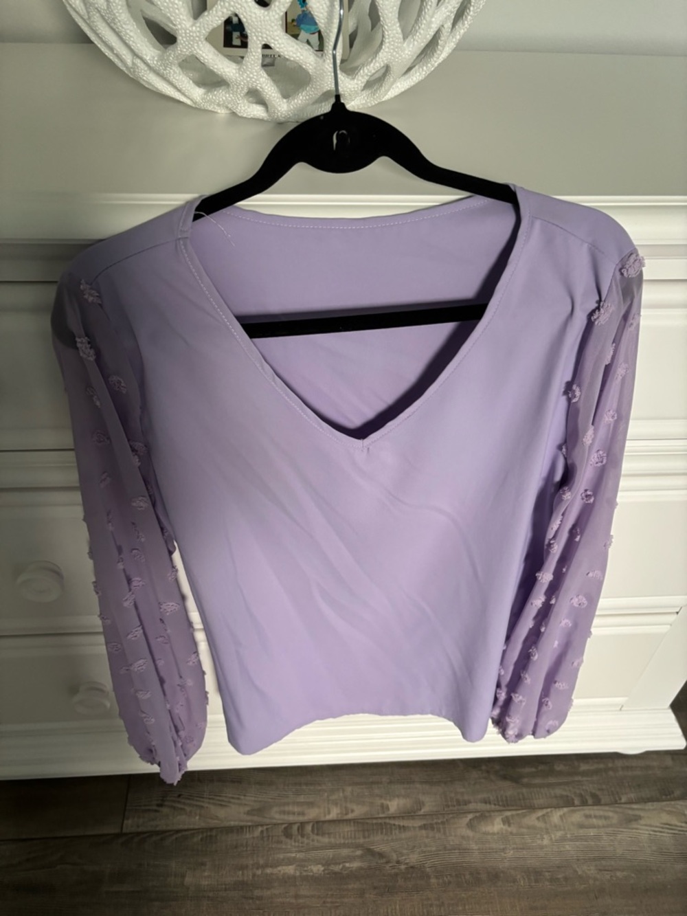 SHEIN Lavender V-Neck Blouse with Sheer Pom-Pom Sleeves